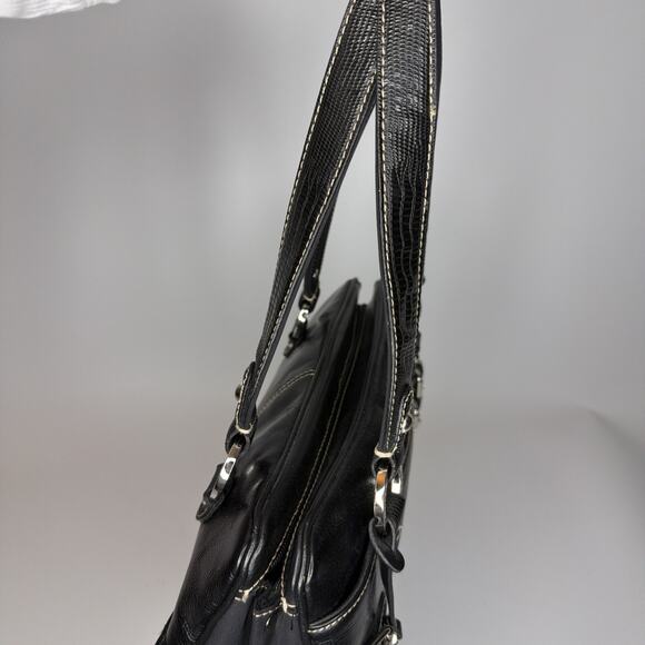 Franco Sarto Purse Black Leather Satchel Hand Shoulder Bag Buckles CUTE - Picture 6 of 16